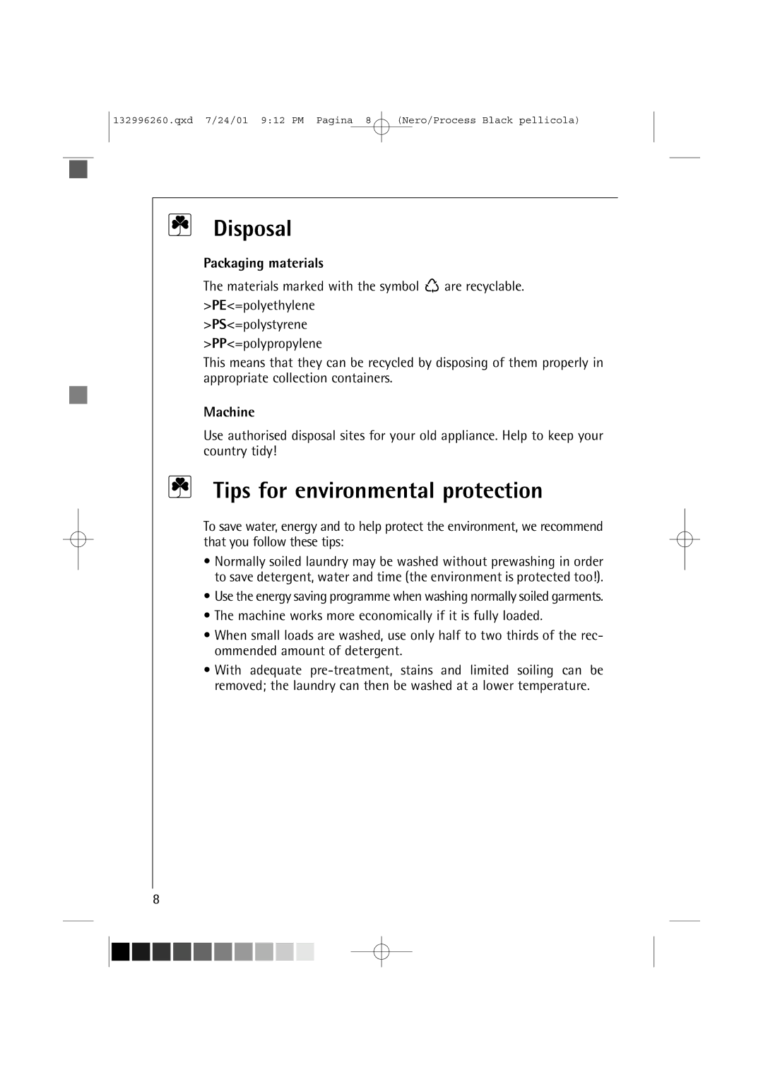 AEG 10500 VI manual Disposal, Tips for environmental protection, Packaging materials, Machine 