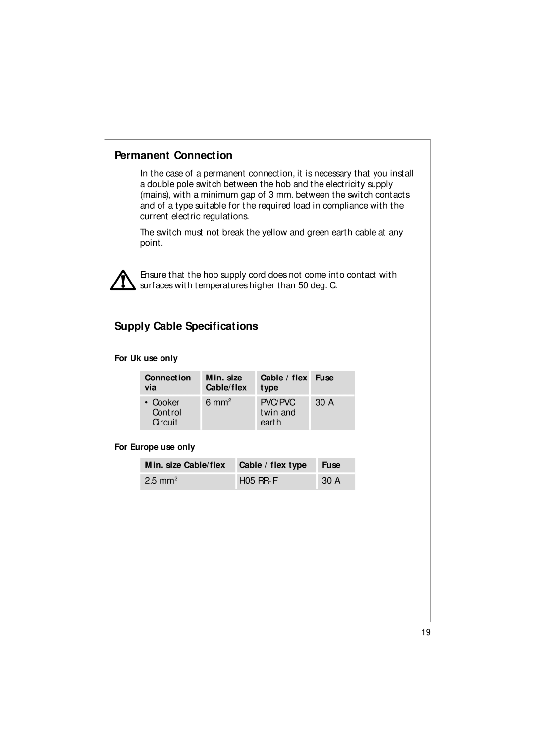 AEG 111 K - W/D/G manual Permanent Connection, Supply Cable Specifications 