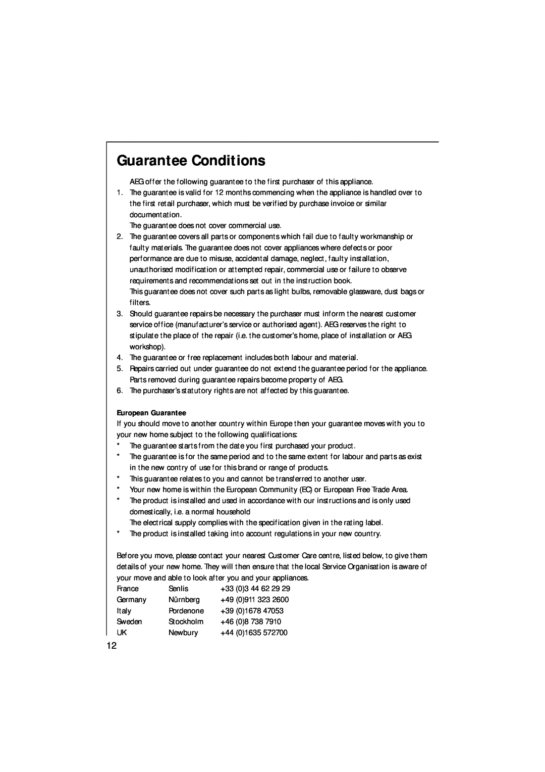 AEG 111 K - W/D/G manual Guarantee Conditions, European Guarantee 