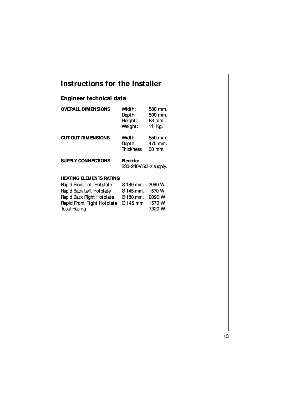 AEG 111 K - W/D/G manual Instructions for the Installer, Engineer technical data 