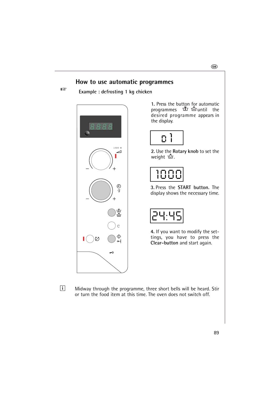 AEG 1231 E manual How to use automatic programmes, Example defrosting 1 kg chicken 