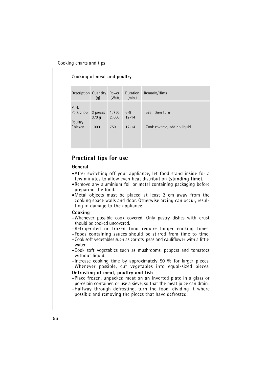 AEG 1231 E manual Practical tips for use, Cooking of meat and poultry, General, Defrosting of meat, poultry and fish 