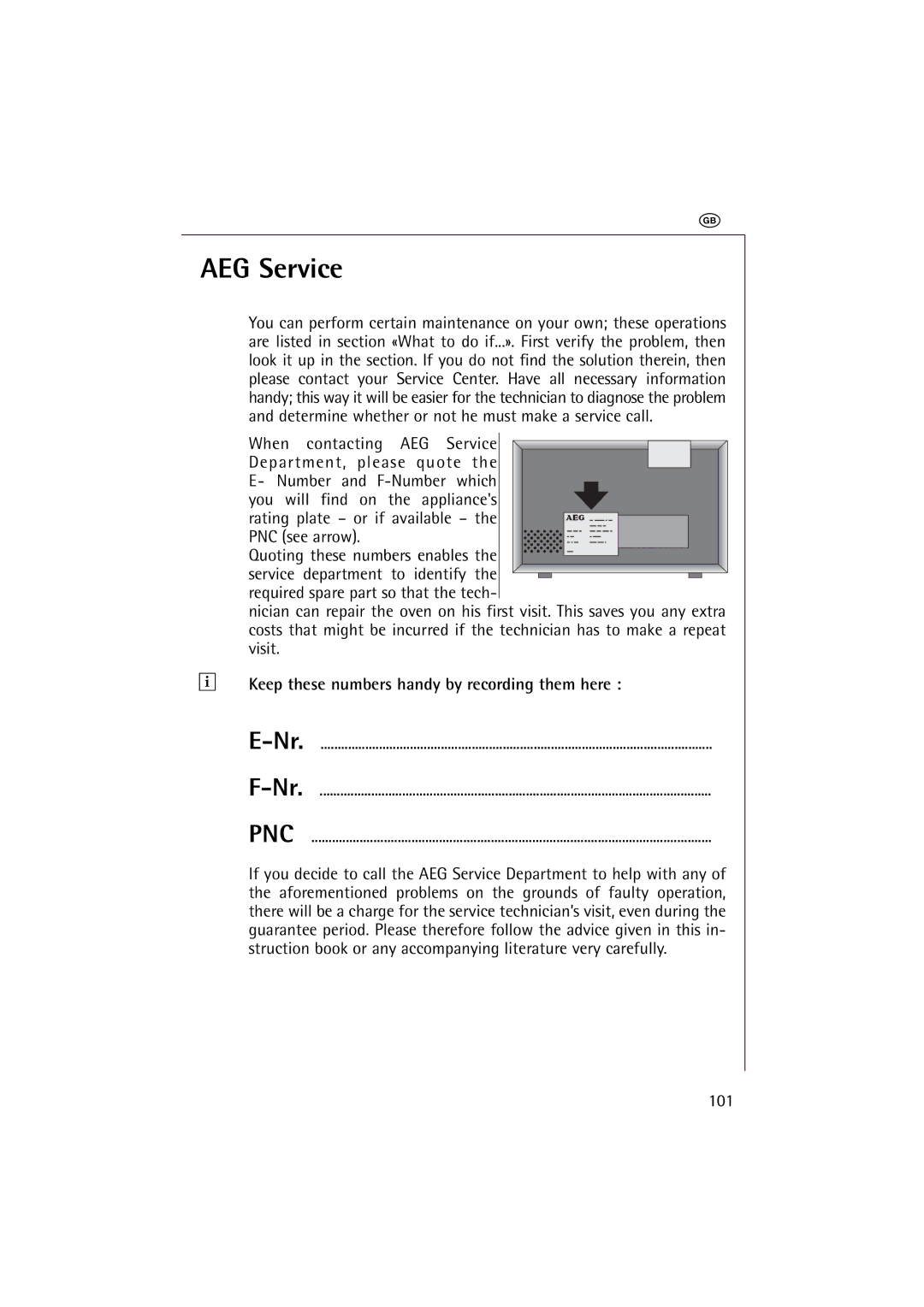 AEG 1231 E manual AEG Service, Keep these numbers handy by recording them here 