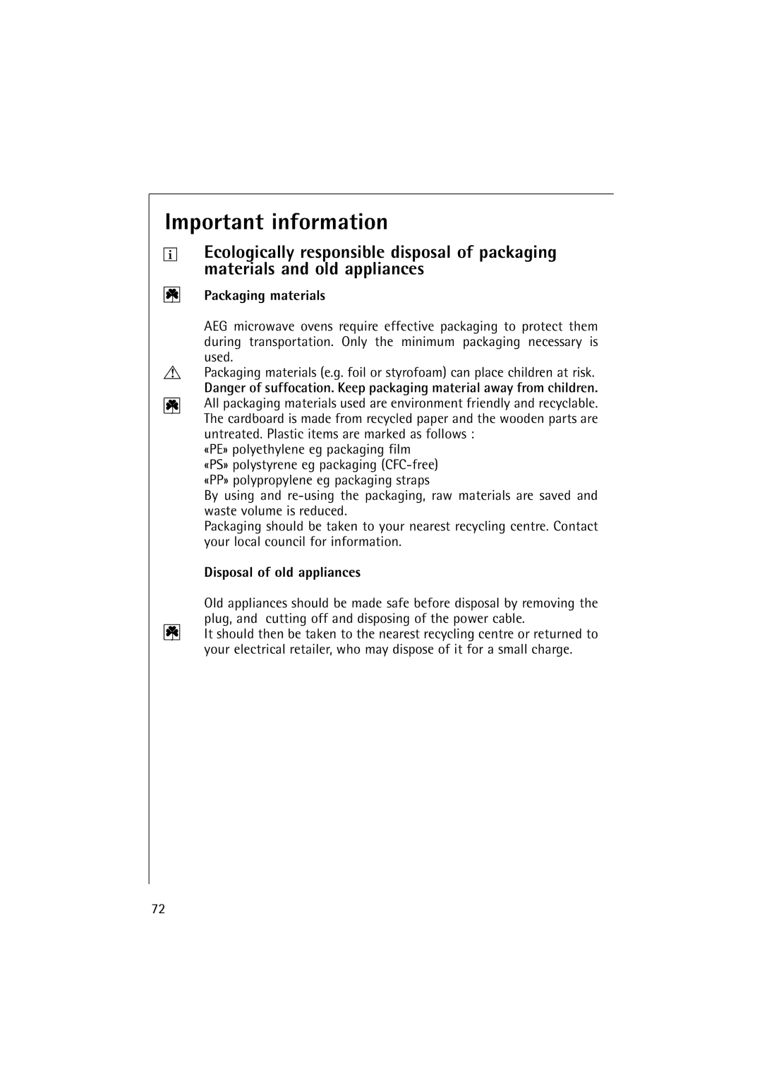 AEG 1231 E manual Important information, Packaging materials, Disposal of old appliances 