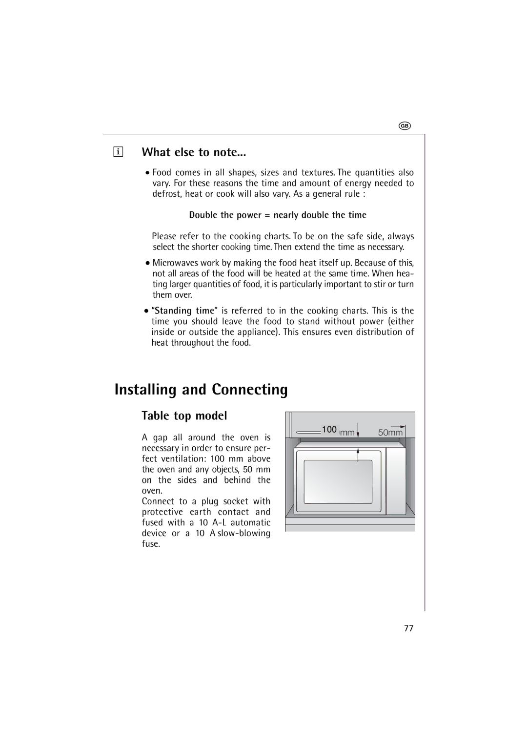 AEG 1231 E manual Installing and Connecting, What else to note, Table top model, Double the power = nearly double the time 