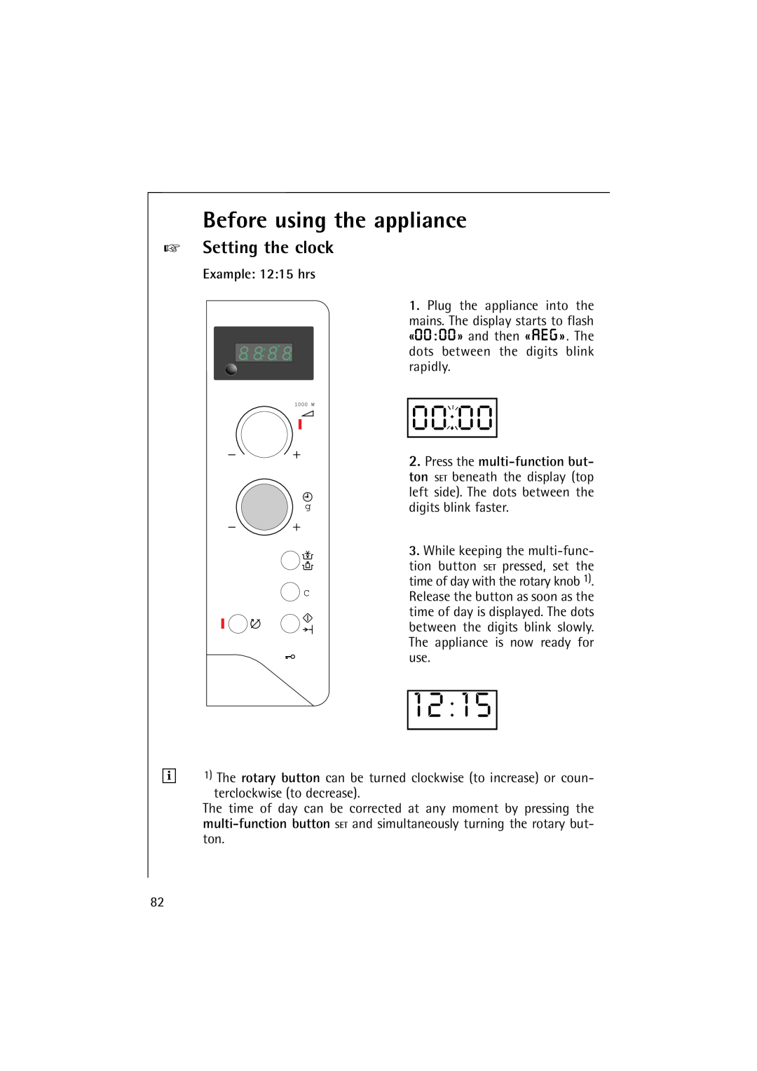 AEG 1231 E manual Before using the appliance, 8888, Setting the clock, Example 12 15 hrs 