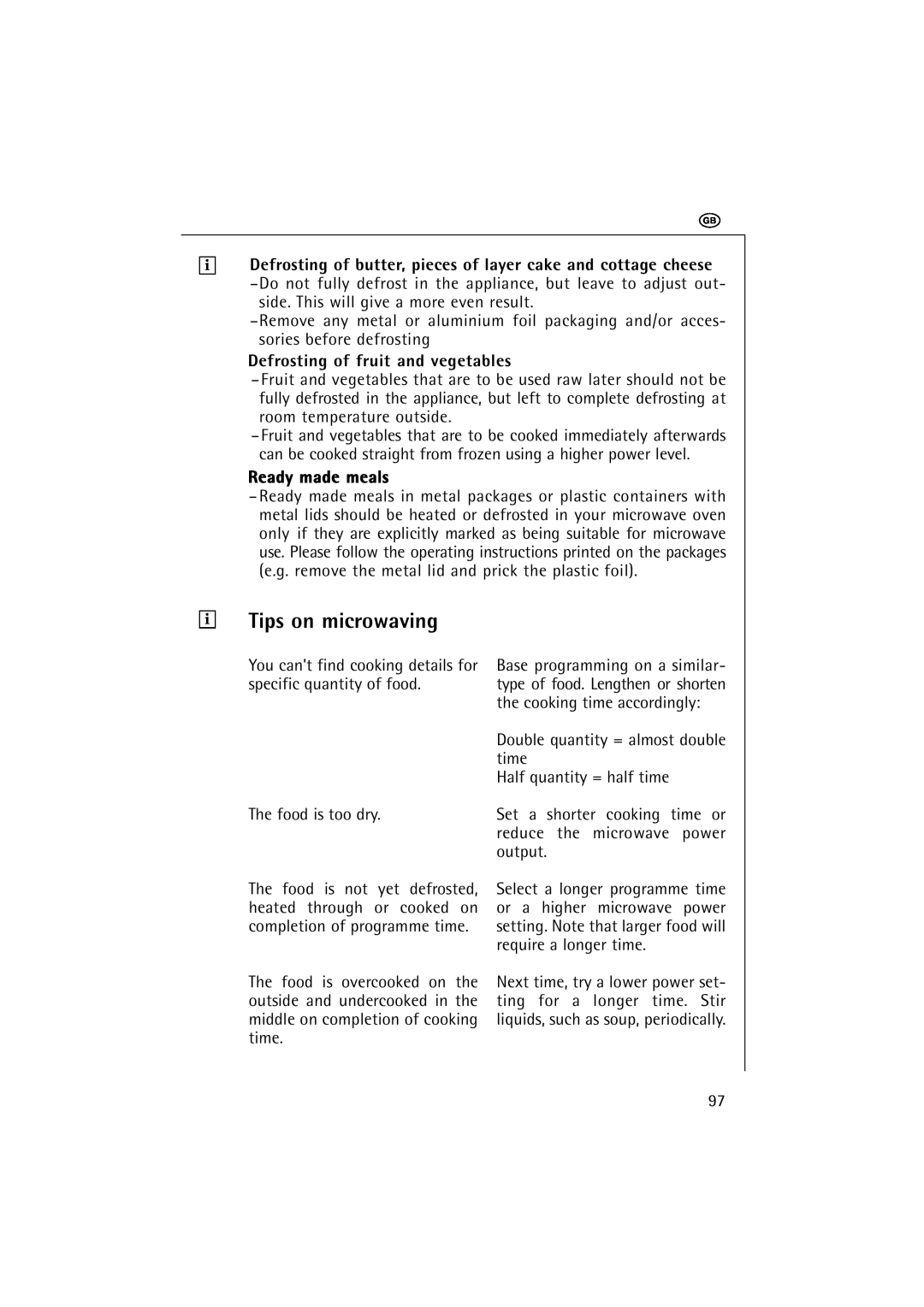 AEG 1231 E manual Tips on microwaving, Defrosting of fruit and vegetables, Ready made meals 