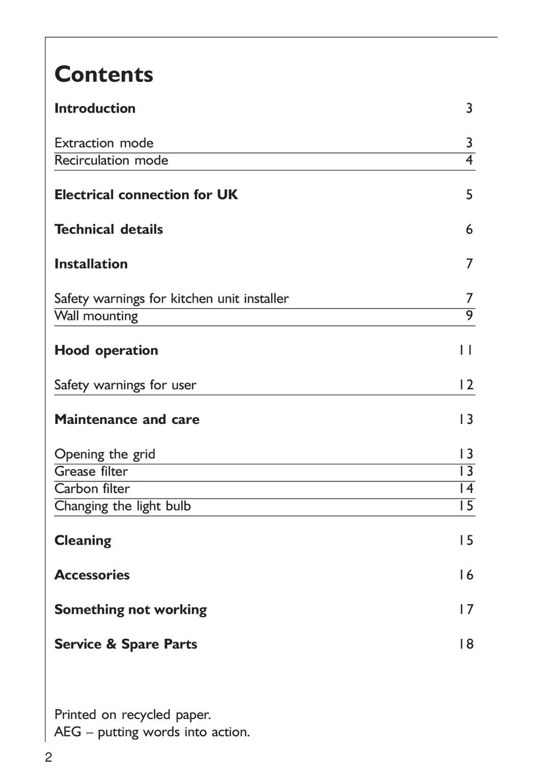 AEG 125 D manual Contents 