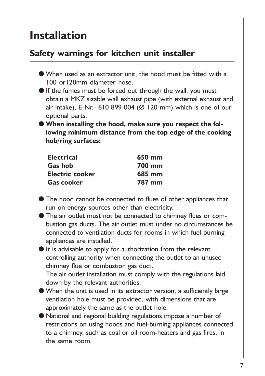 AEG 125 D manual Installation, Safety warnings for kitchen unit installer 