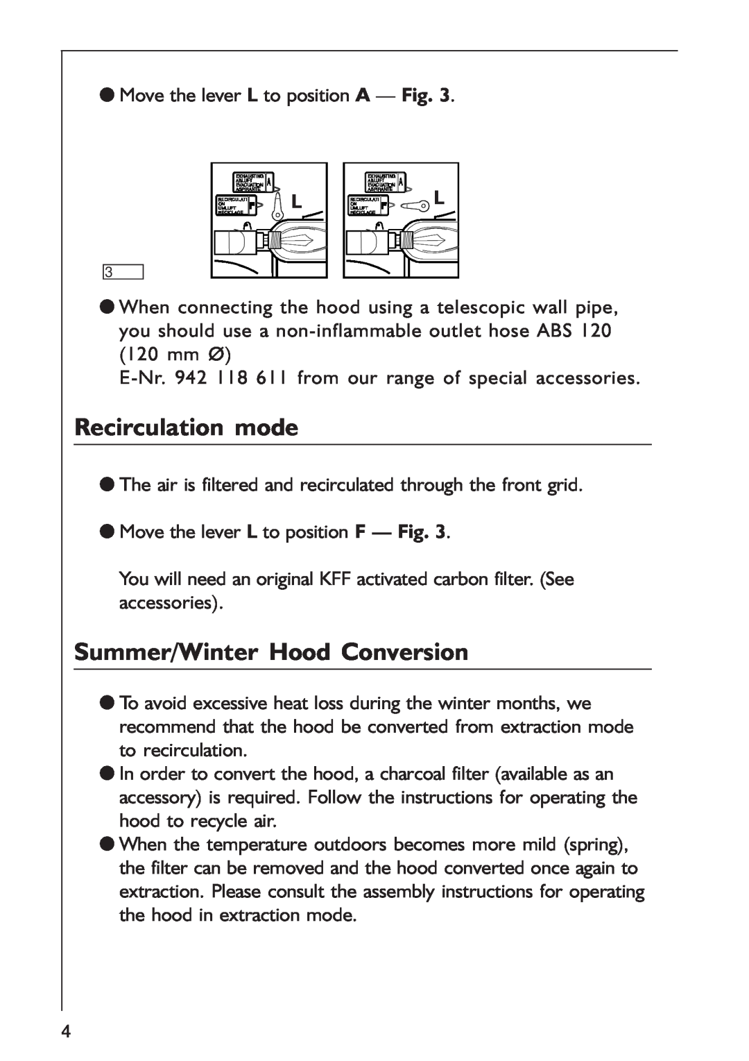 AEG 125 D manual Recirculation mode, Summer/Winter Hood Conversion 