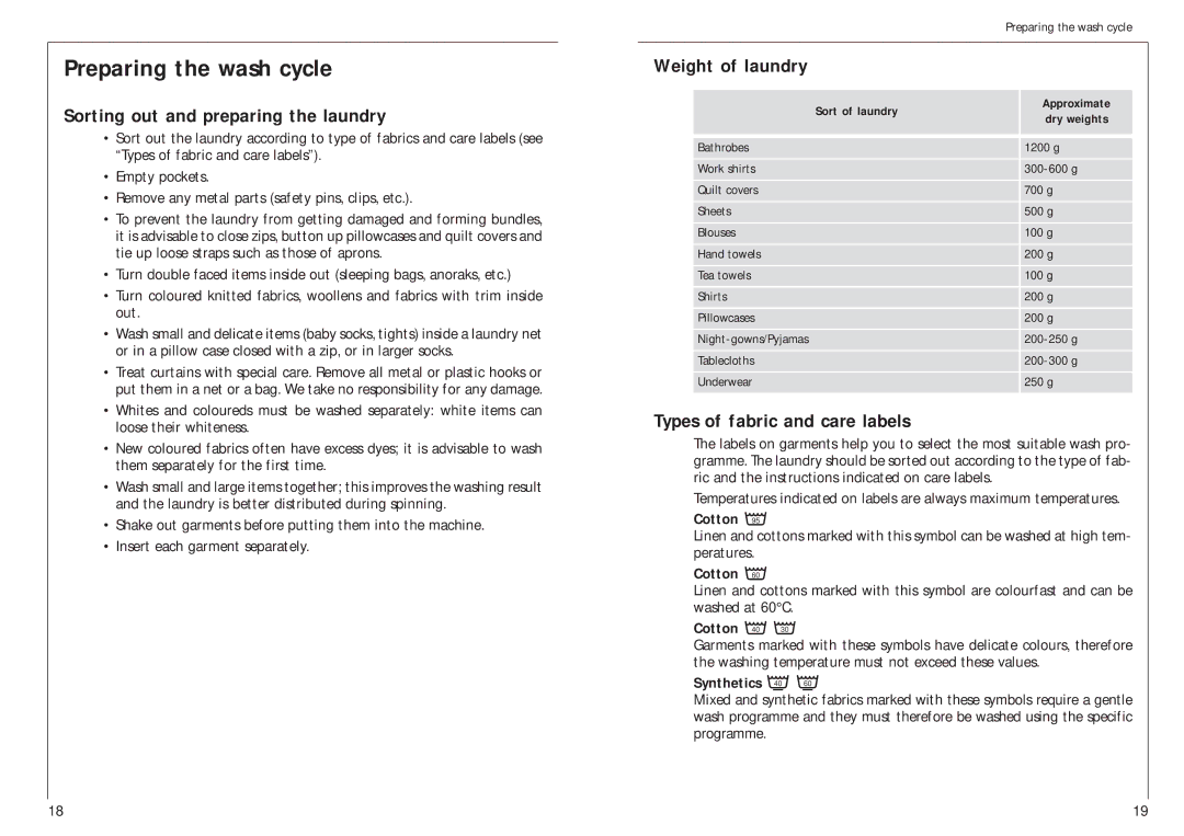 AEG 12700 manual Preparing the wash cycle, Sorting out and preparing the laundry, Types of fabric and care labels 