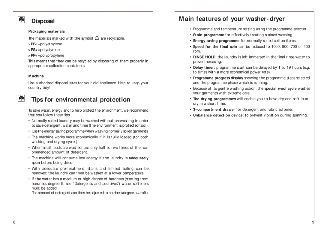 AEG 12700 Disposal, Tips for environmental protection, Main features of your washer-dryer, Packaging materials, Machine 
