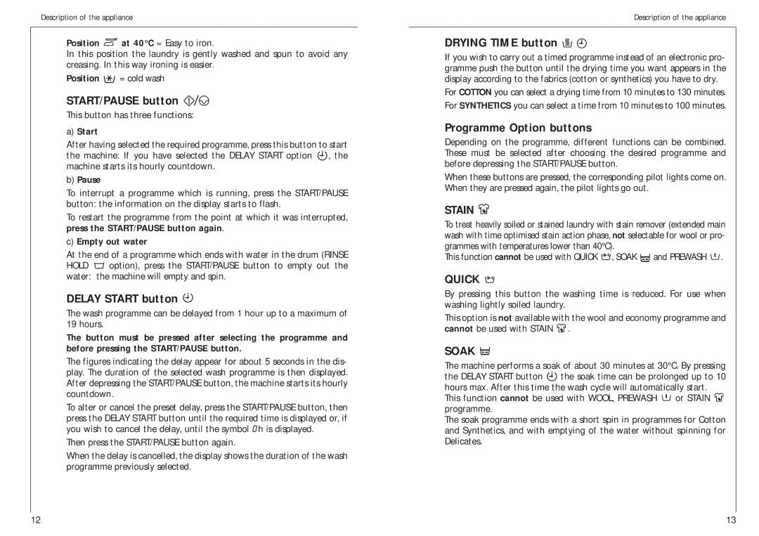 AEG 12700 manual START/PAUSE button, Delay Start button, Drying Time button, Programme Option buttons 