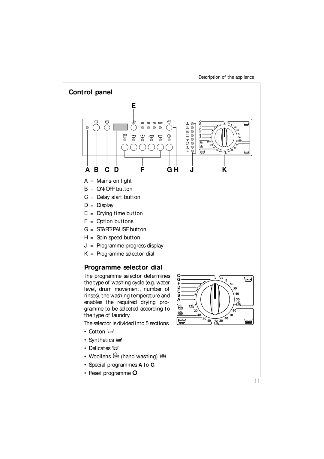 AEG 1271 manual C D F G H J K, Programme selector dial 