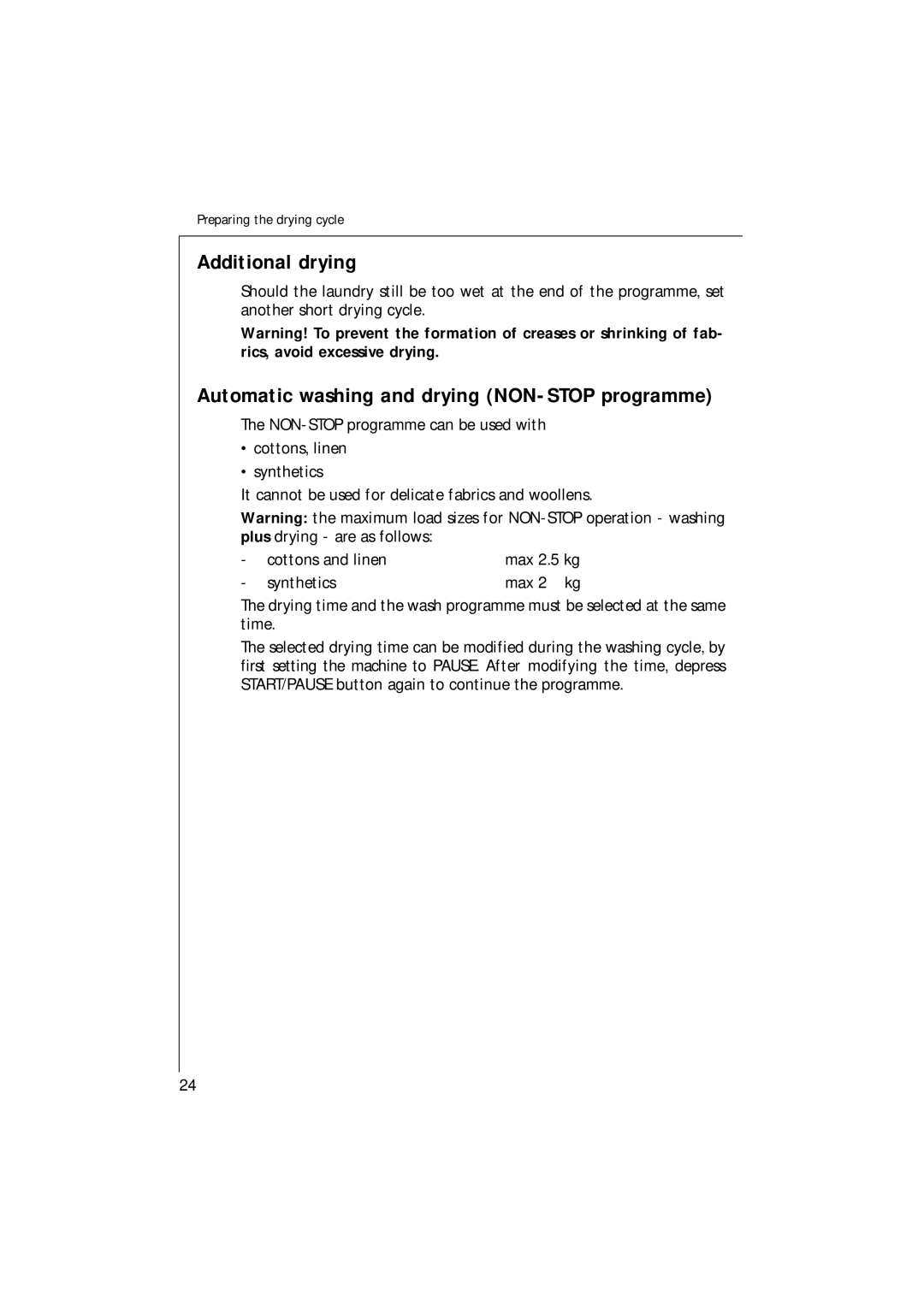 AEG 1271 manual Additional drying, Automatic washing and drying NON-STOP programme 