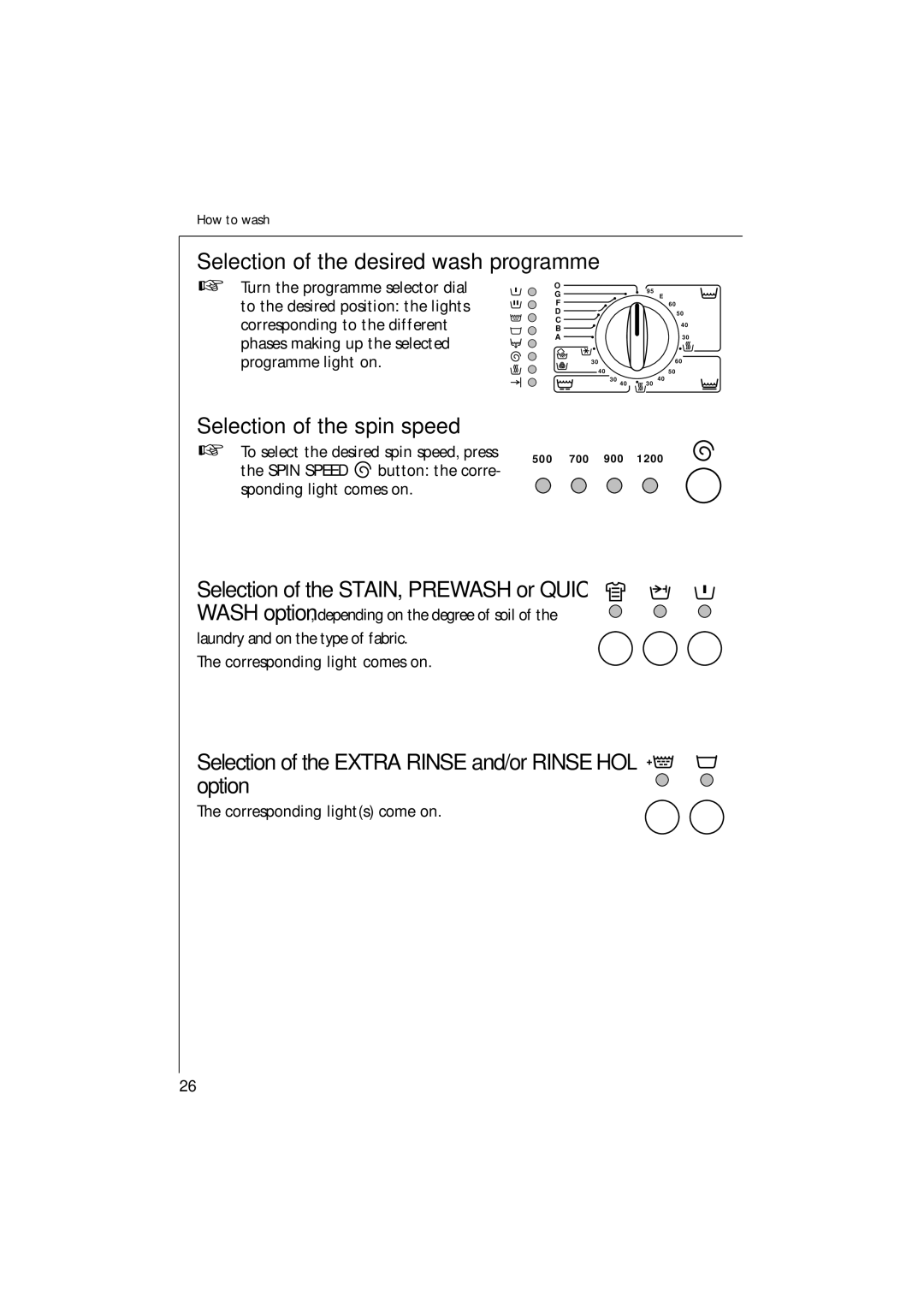 AEG 1271 Selection of the desired wash programme, Selection of the spin speed, Selection of the STAIN, Prewash or Quick 