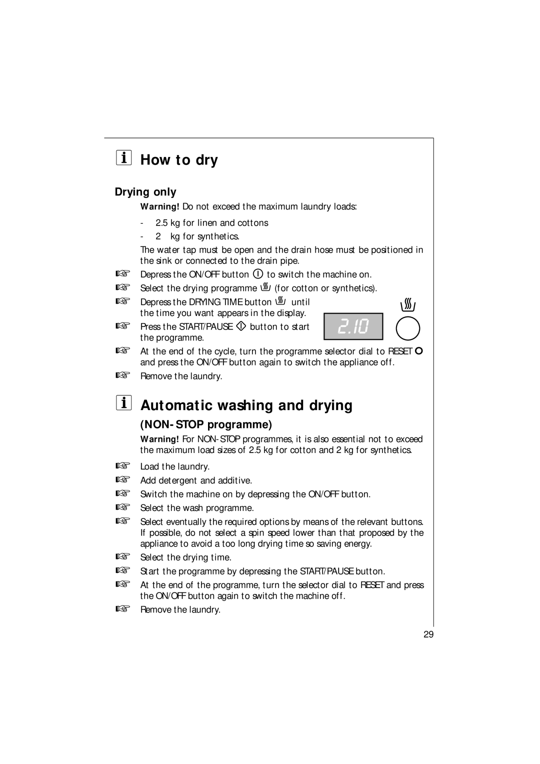 AEG 1271 manual How to dry, Automatic washing and drying, Drying only, NON-STOP programme 