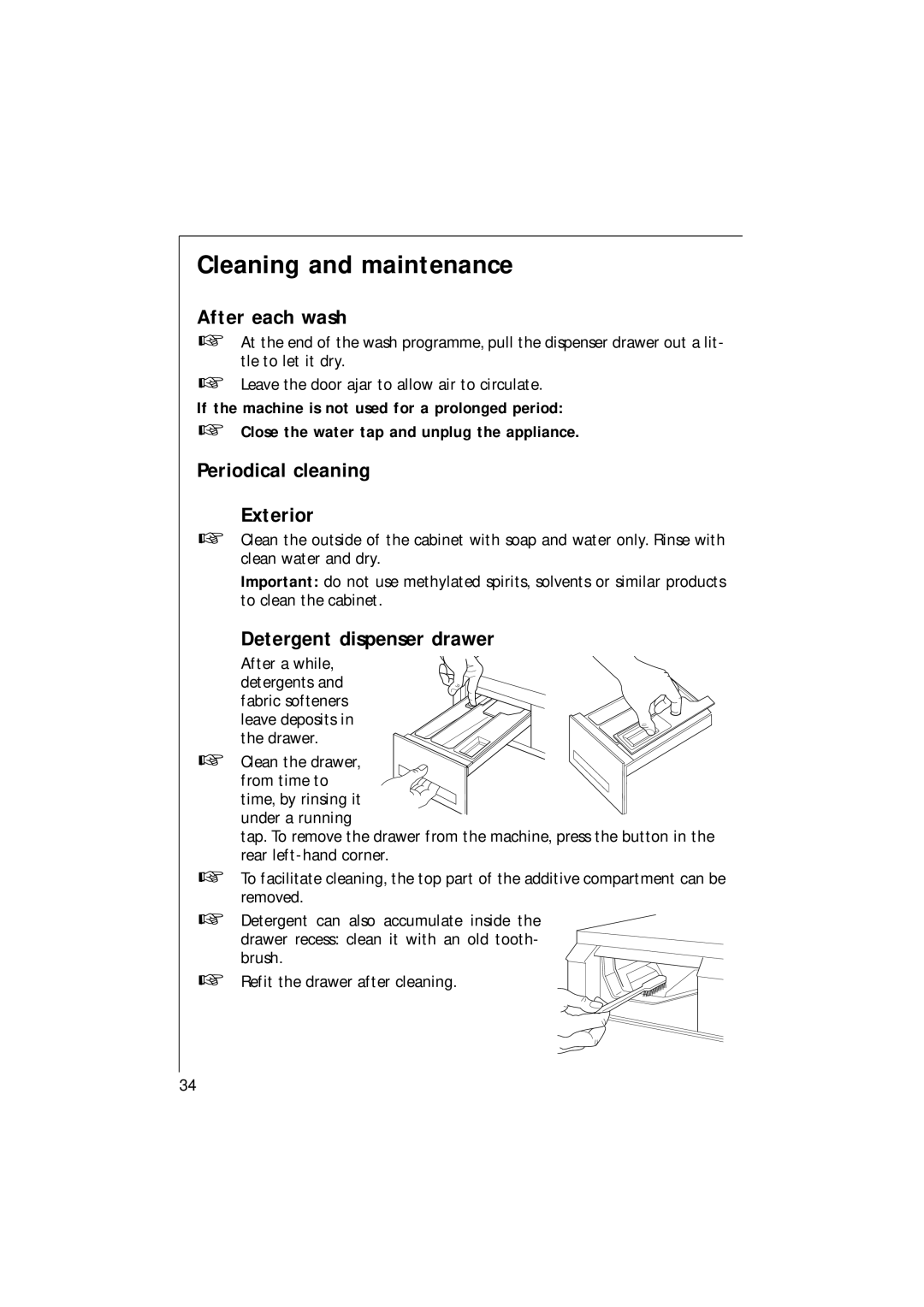 AEG 1271 manual Cleaning and maintenance, After each wash, Periodical cleaning Exterior, Detergent dispenser drawer 