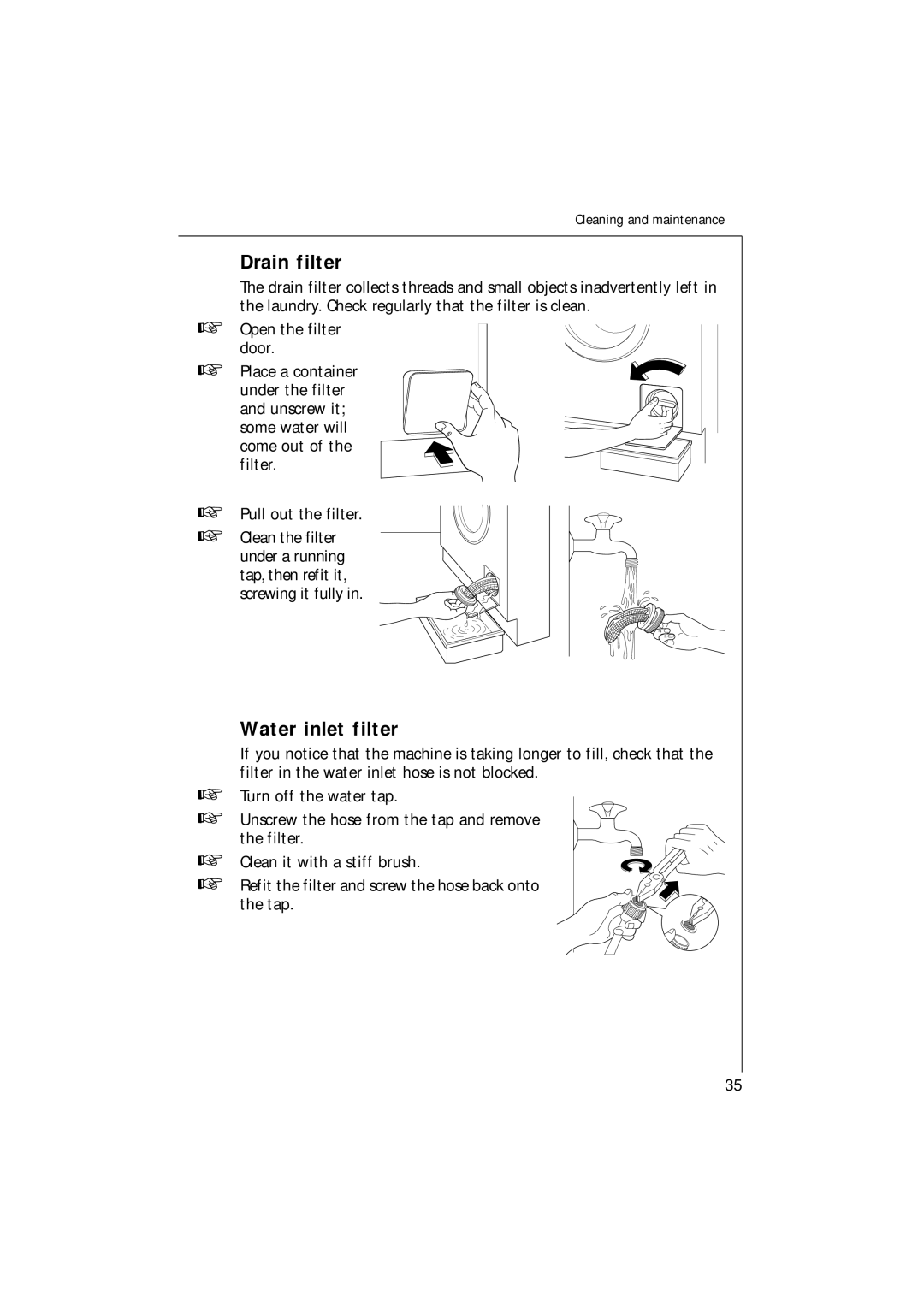 AEG 1271 manual Drain filter, Water inlet filter, Pull out the filter 