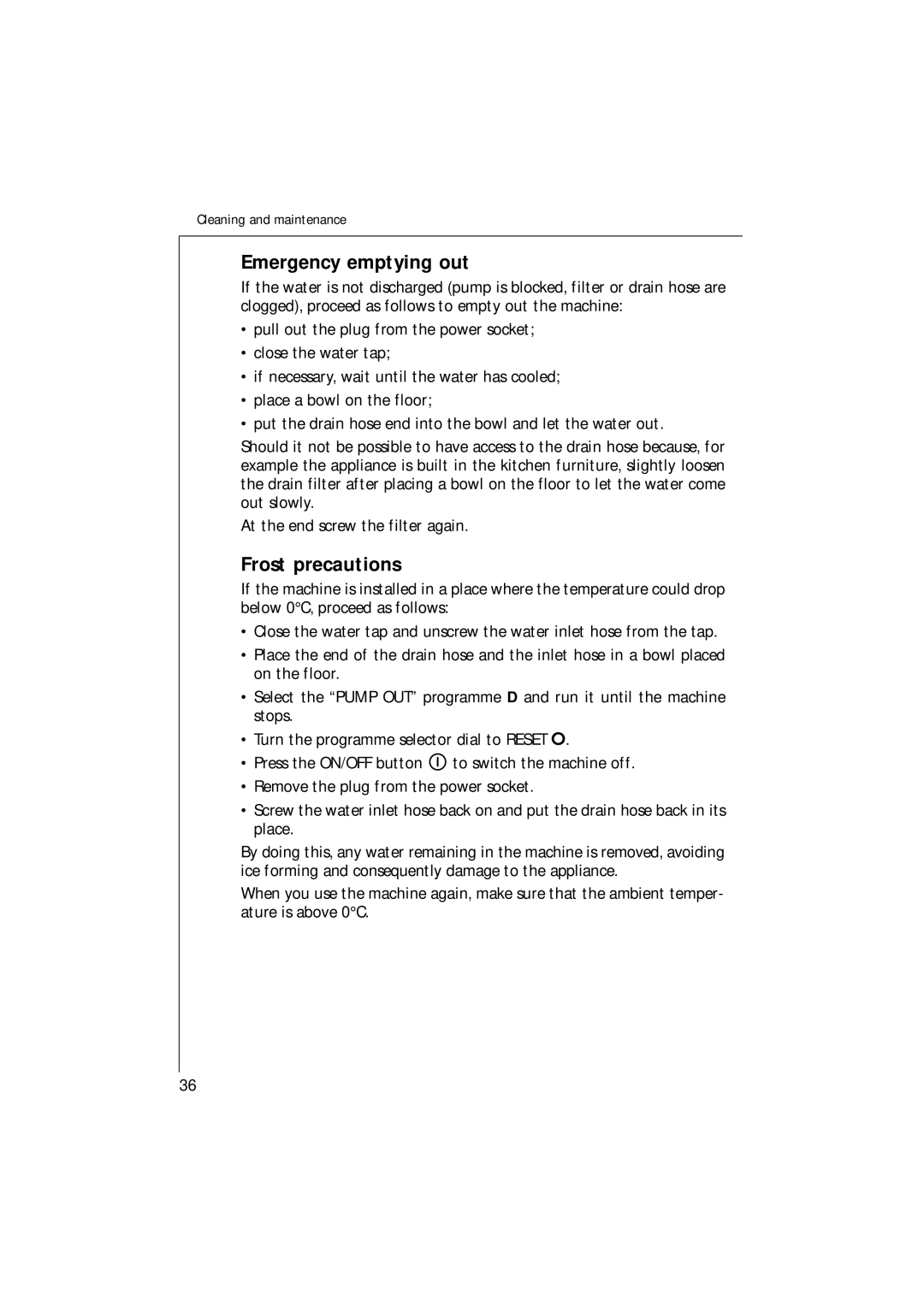 AEG 1271 manual Emergency emptying out, Frost precautions 