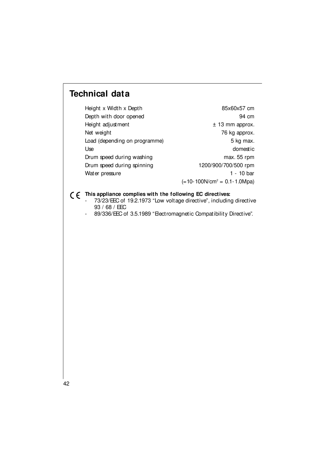 AEG 1271 manual Technical data, This appliance complies with the following EC directives 