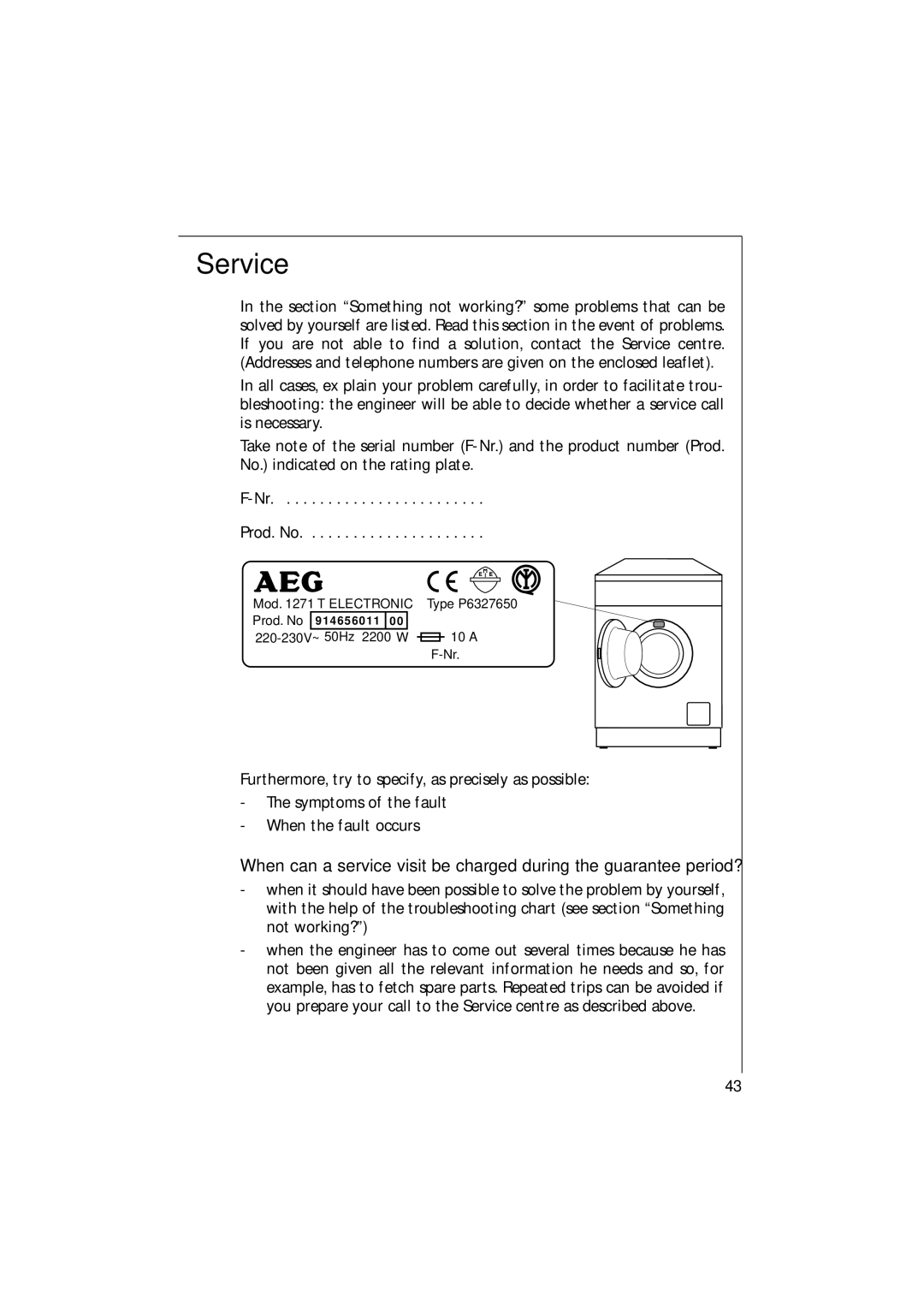 AEG 1271 manual Service 