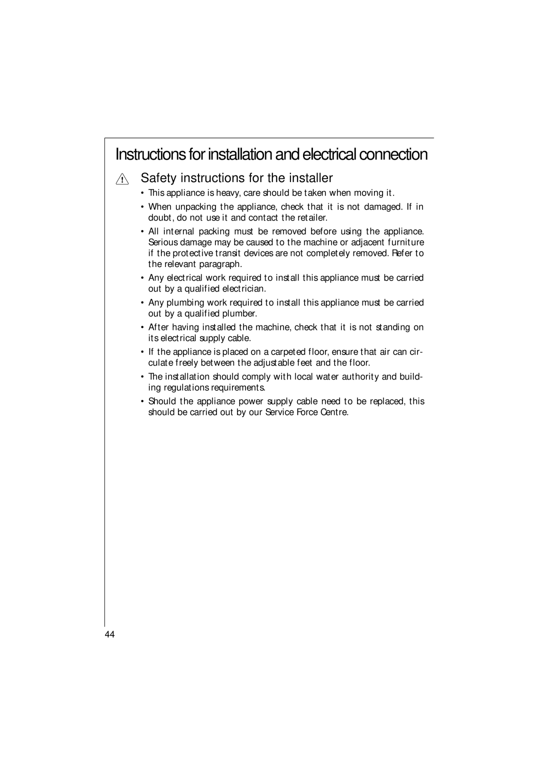 AEG 1271 manual Instructions for installation and electrical connection, Safety instructions for the installer 