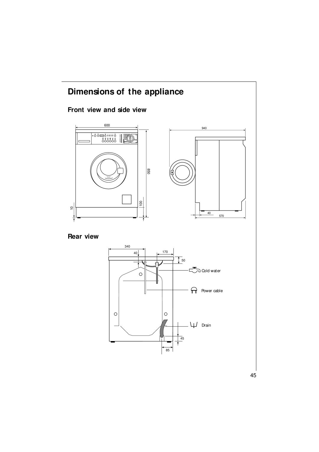 AEG 1271 manual Dimensions of the appliance, Rear view 