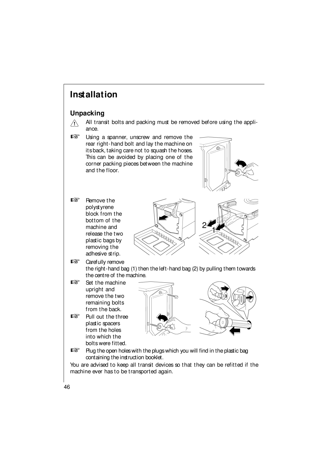 AEG 1271 manual Installation, Unpacking 