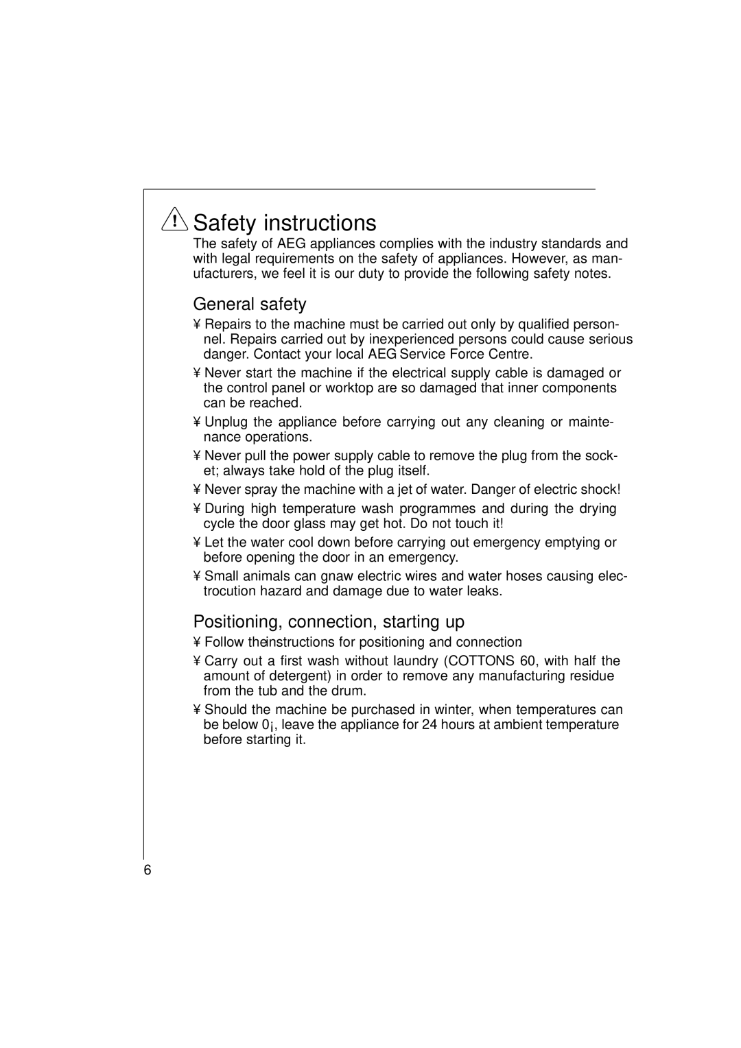 AEG 1271 manual Safety instructions, General safety, Positioning, connection, starting up 