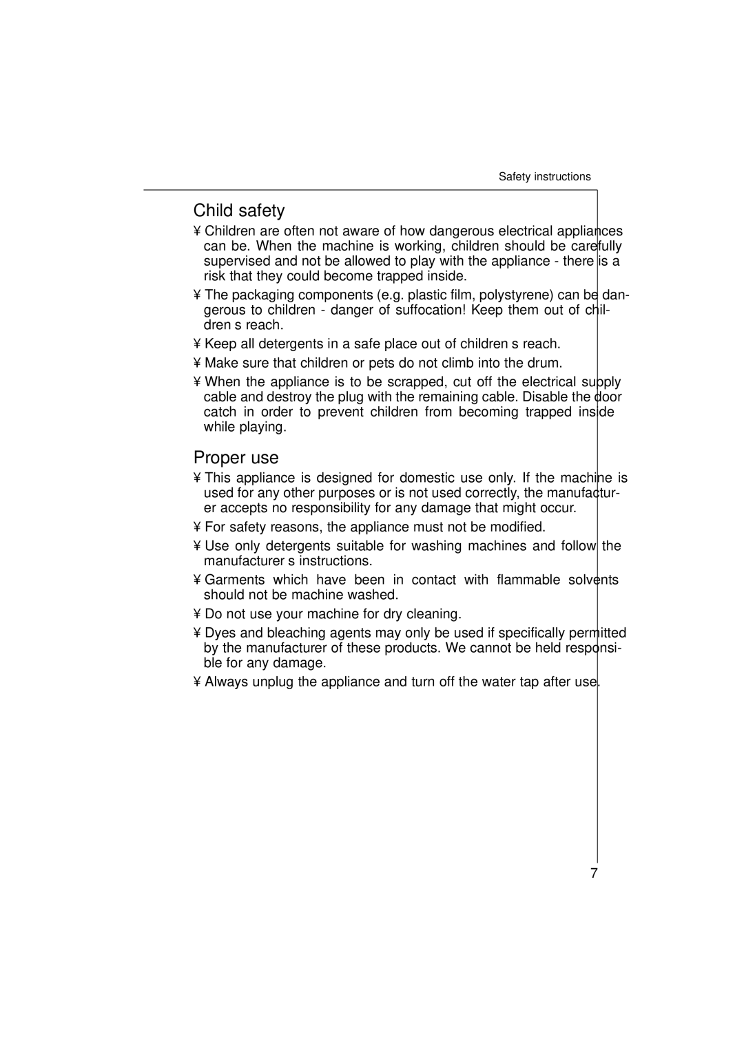 AEG 1271 manual Child safety, Proper use 