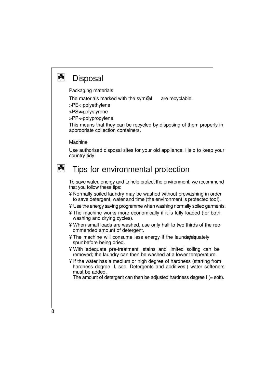 AEG 1271 manual Disposal, Tips for environmental protection, Packaging materials, Machine 