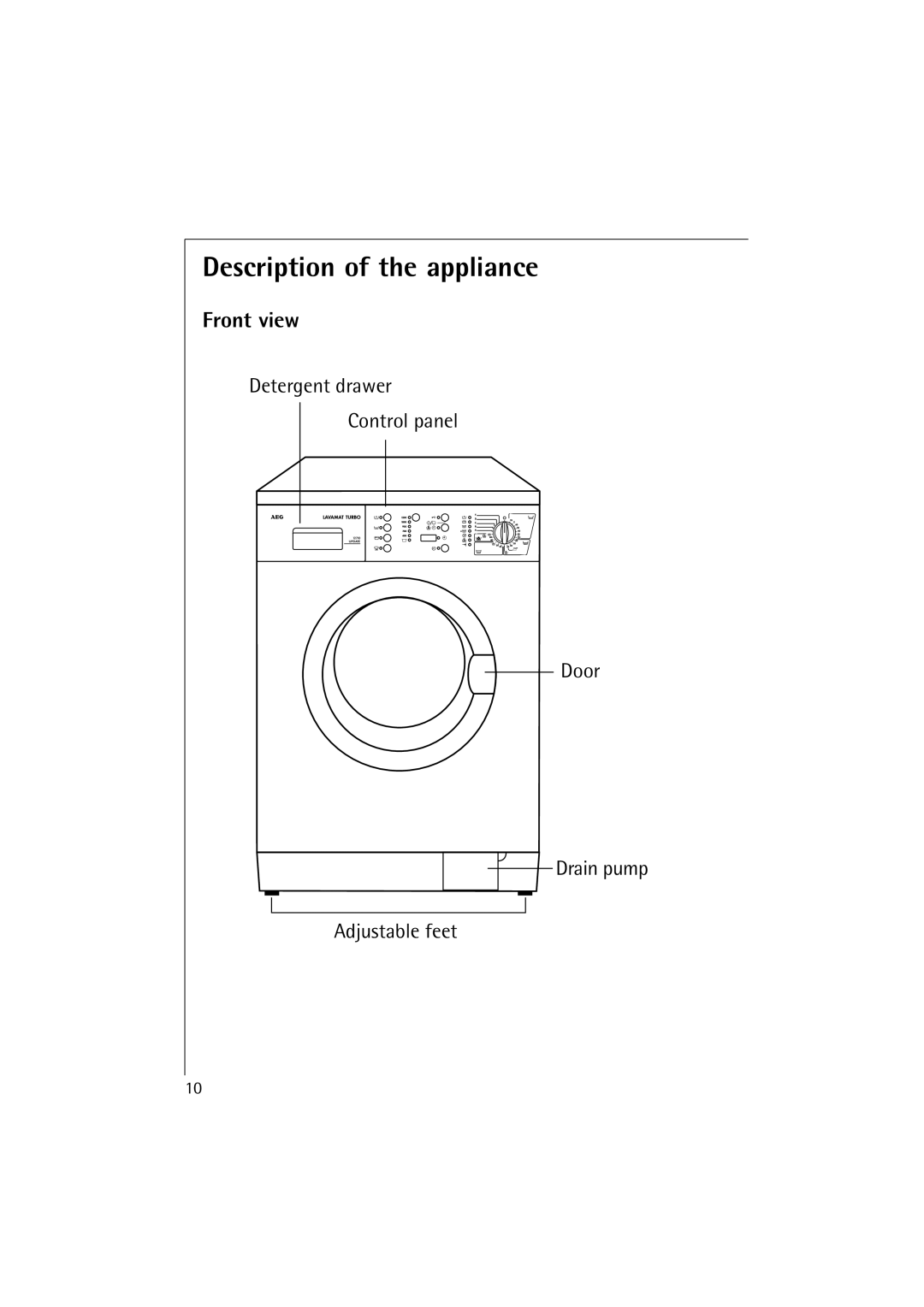 AEG 12710 manual Description of the appliance, Front view 