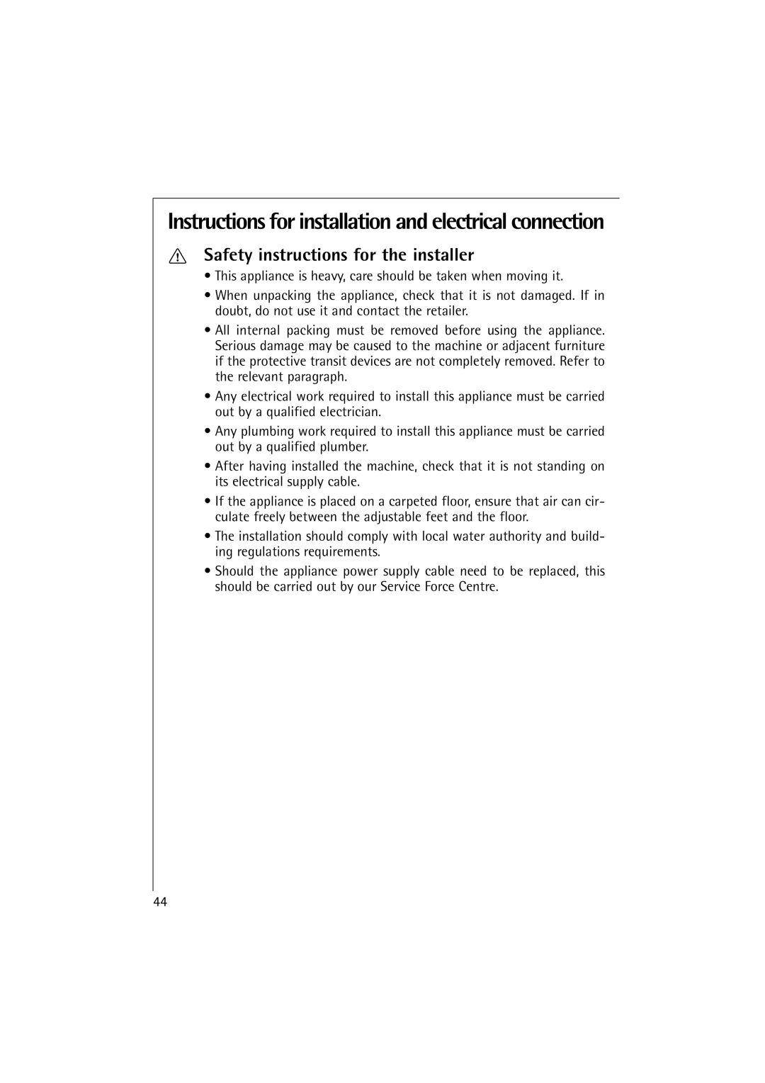 AEG 12710 manual Instructions for installation and electrical connection, Safety instructions for the installer 