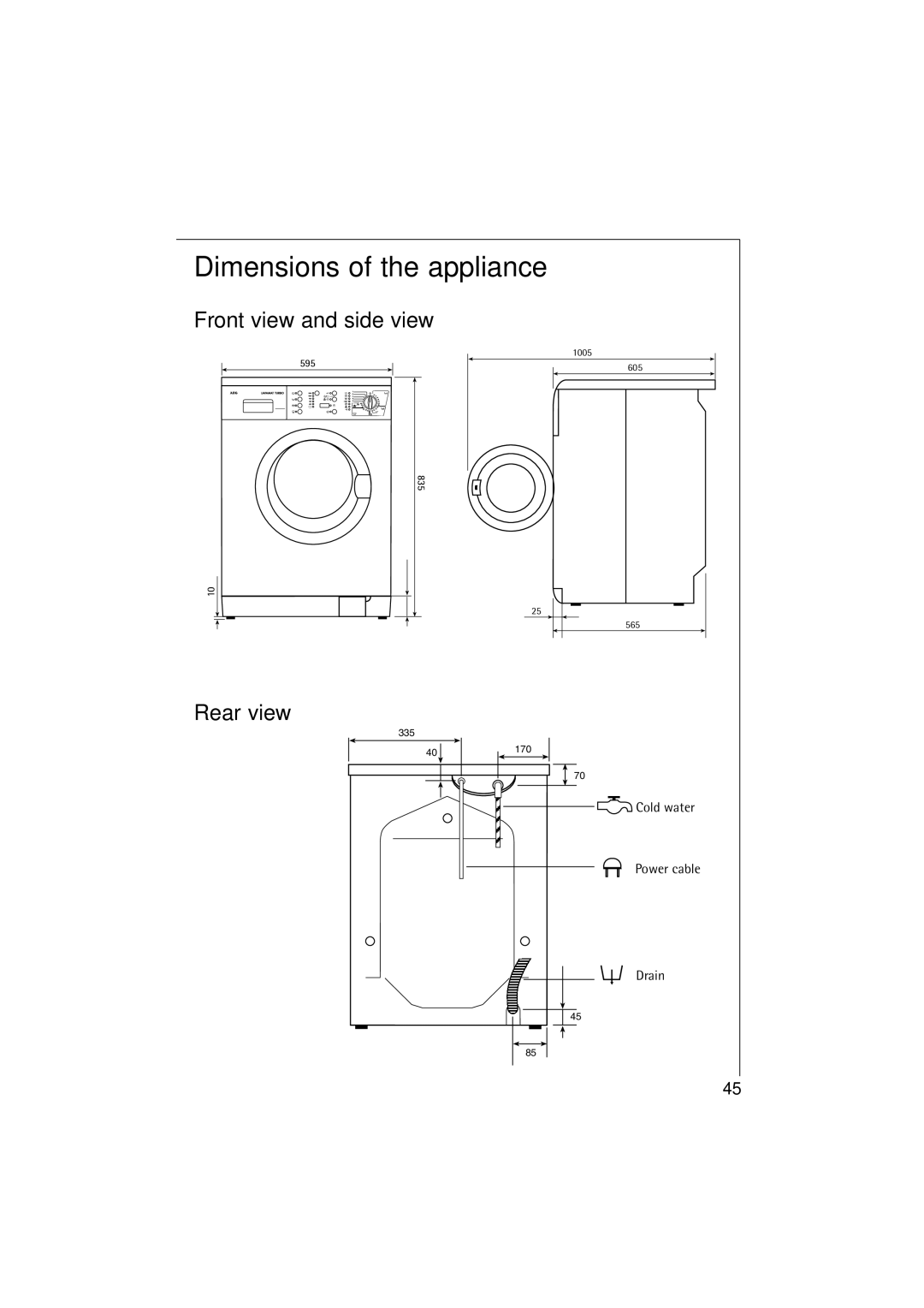 AEG 12710 manual Dimensions of the appliance, Front view and side view, Rear view 