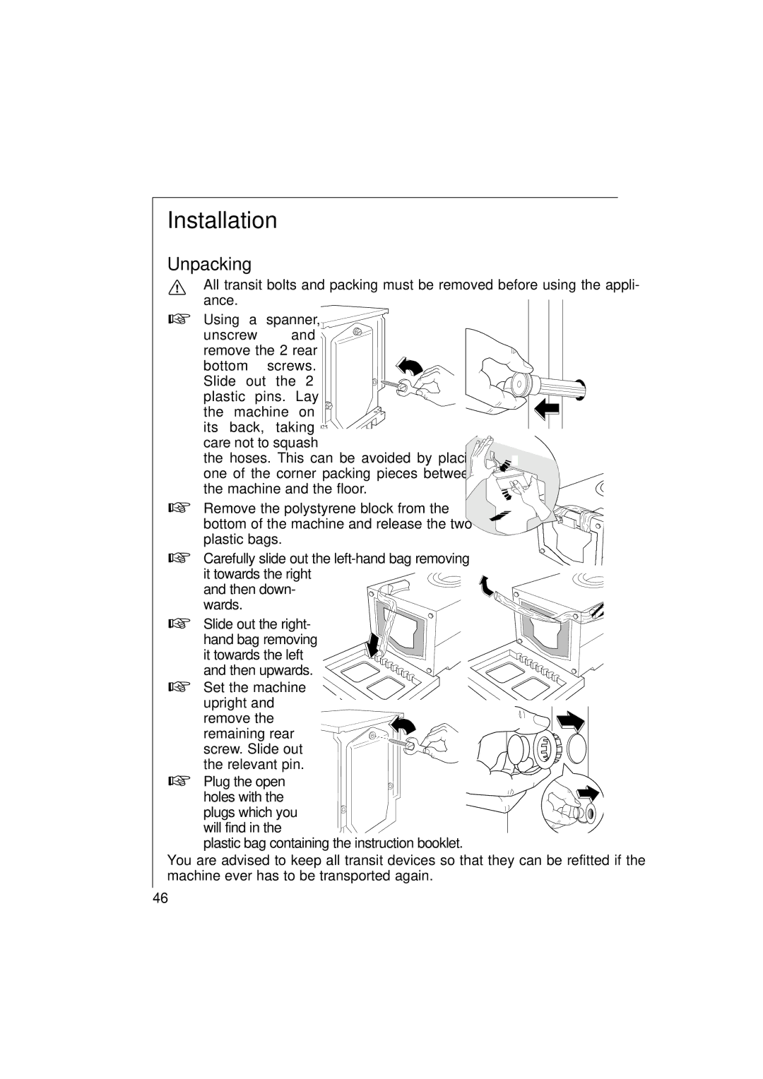 AEG 12710 manual Installation, Unpacking 