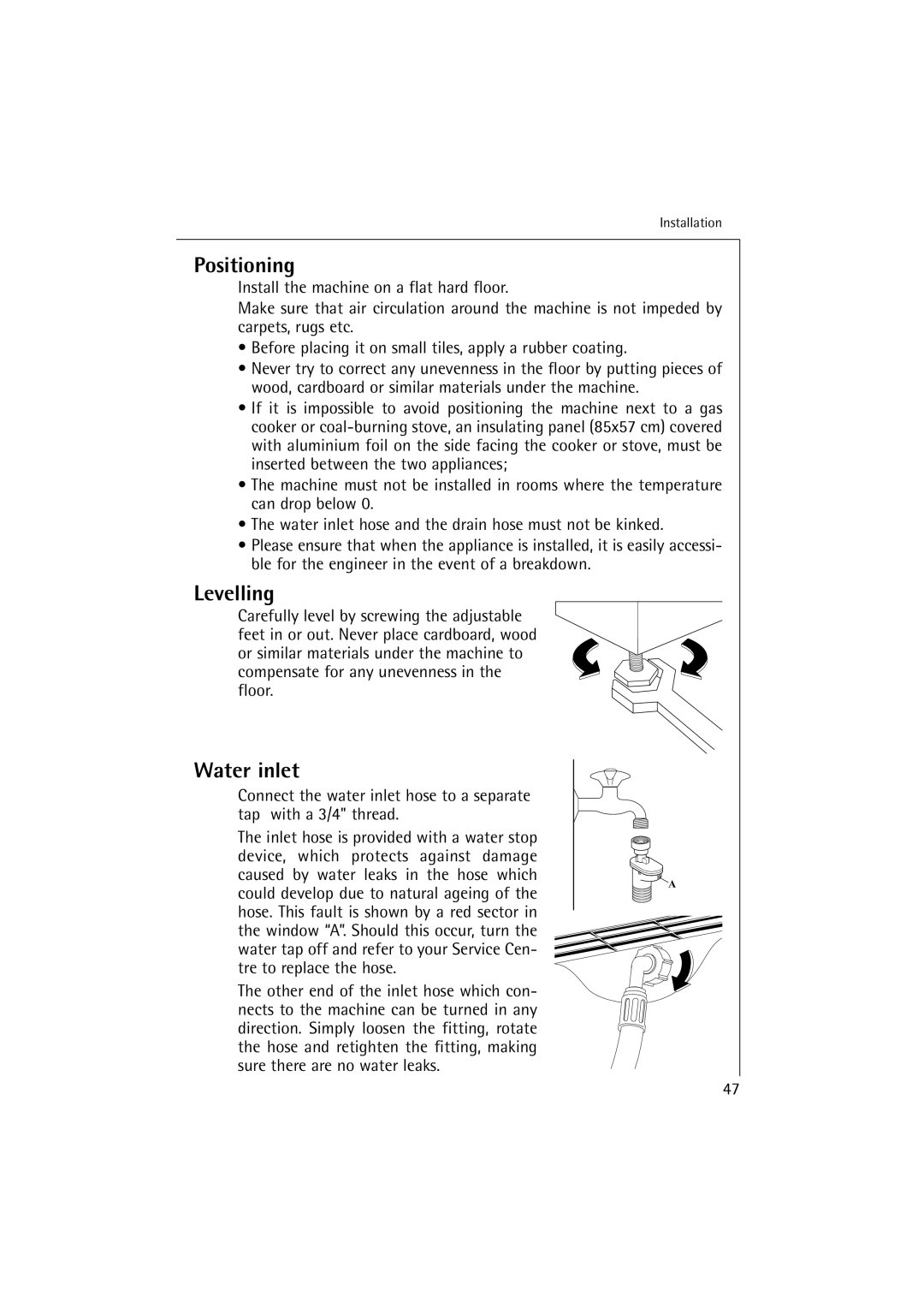 AEG 12710 manual Positioning, Levelling, Water inlet 