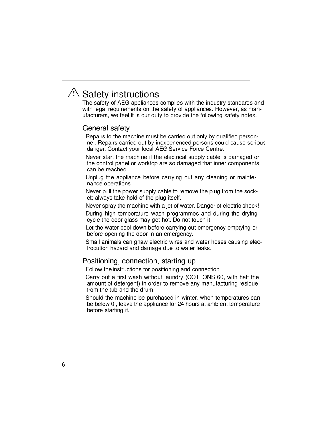 AEG 12710 manual Safety instructions, General safety, Positioning, connection, starting up 