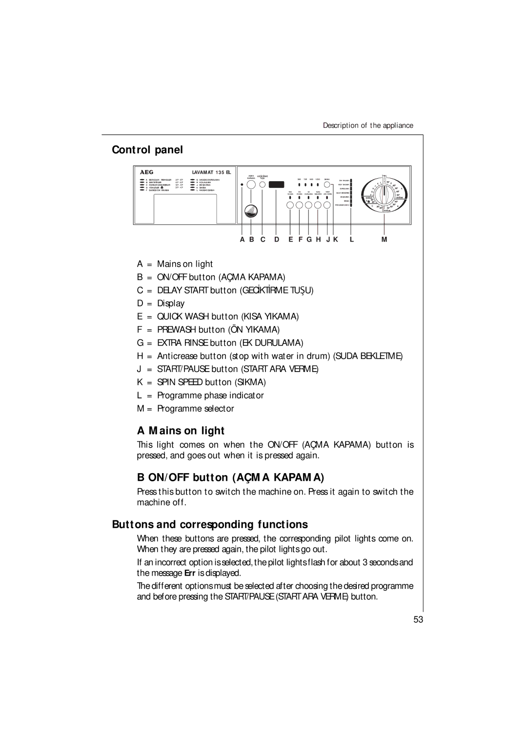 AEG 135 EL manual Control panel, Mains on light, ON/OFF button Açma Kapama, Buttons and corresponding functions 