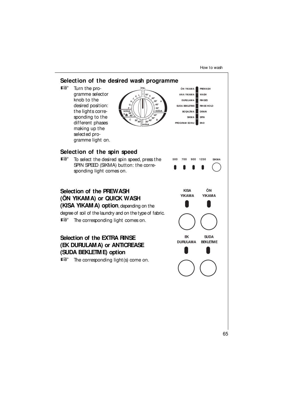 AEG 135 EL manual Selection of the desired wash programme, Selection of the spin speed, Corresponding light comes on 