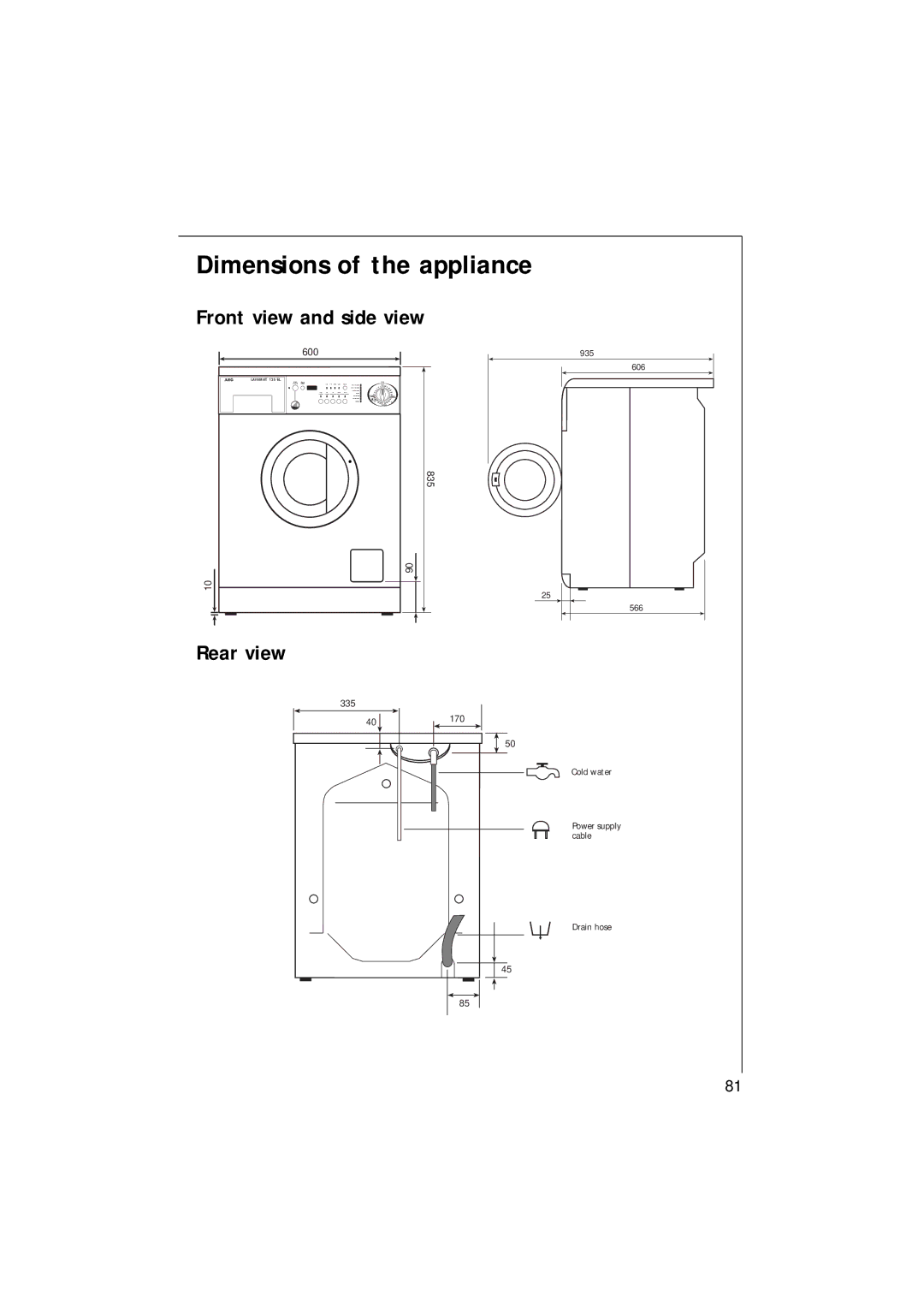 AEG 135 EL manual Dimensions of the appliance, Rear view 