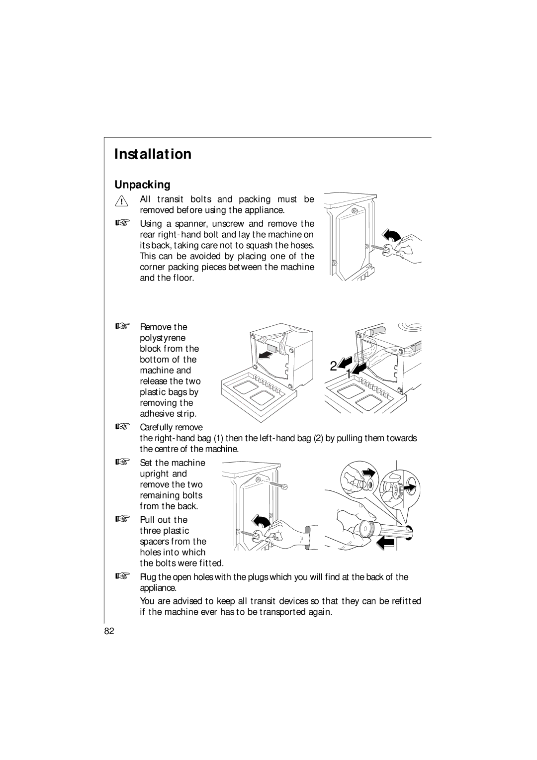 AEG 135 EL manual Installation, Unpacking 