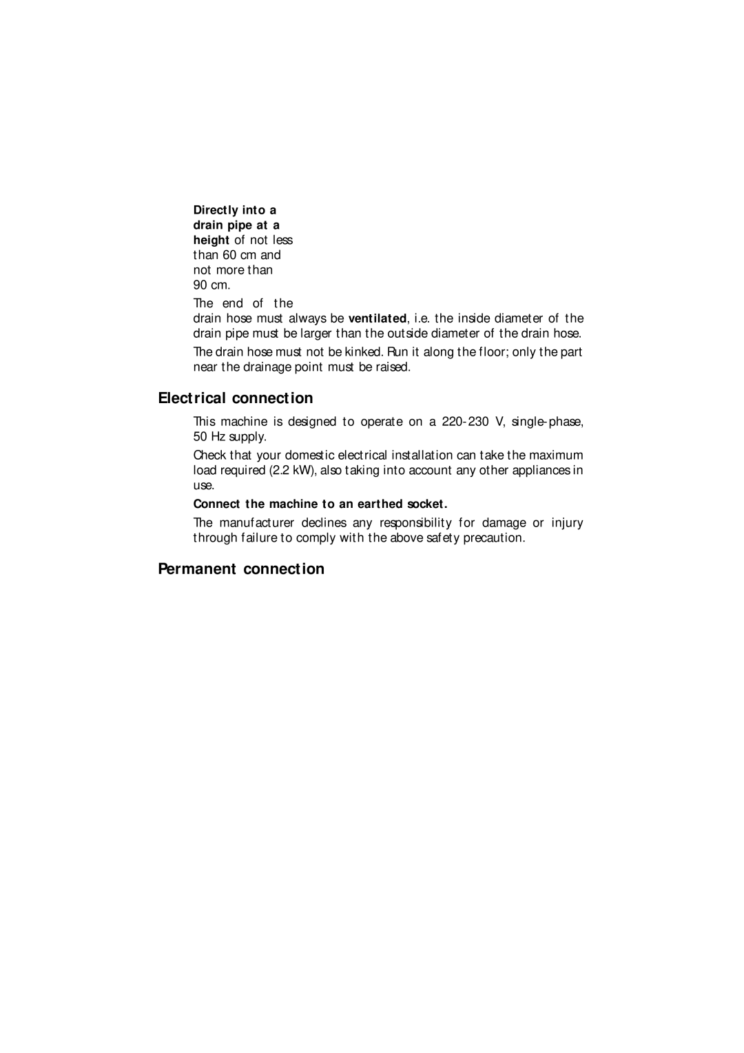 AEG 135 EL manual Electrical connection, Permanent connection, Directly into a, Not more than 90 cm End 