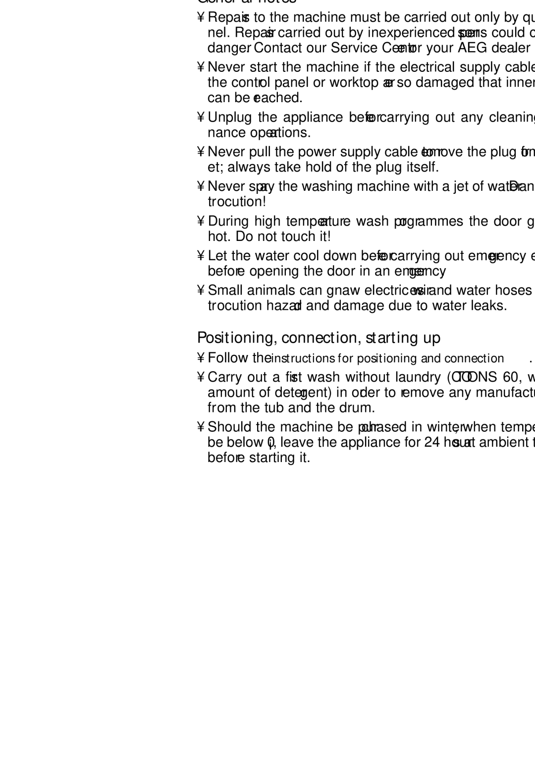 AEG 135 EL manual Safety instructions, General notes, Positioning, connection, starting up 