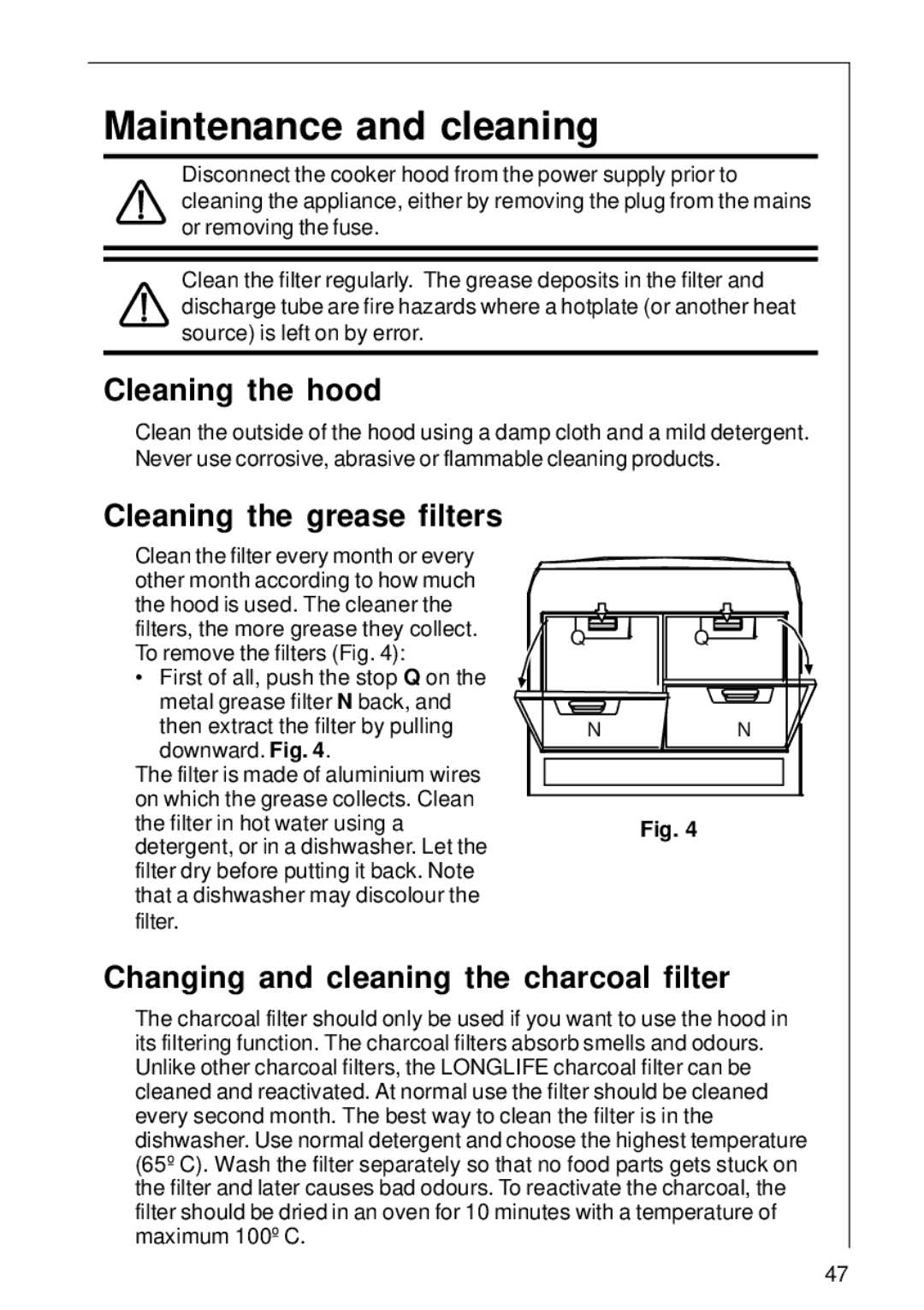 AEG 1400 D installation instructions Maintenance and cleaning, Cleaning the hood, Cleaning the grease filters 