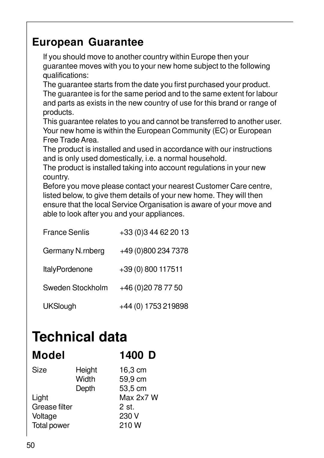 AEG installation instructions Technical data, European Guarantee, Model 1400 D 