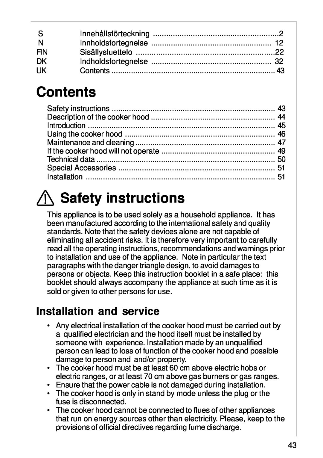 AEG 1400 D installation instructions Contents, Safety instructions, Installation and service 