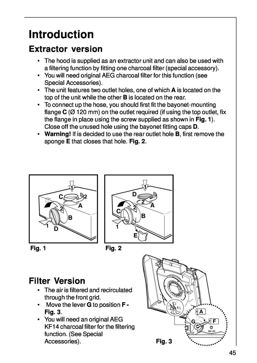 AEG 1400 D installation instructions Introduction, Extractor version, Filter Version 