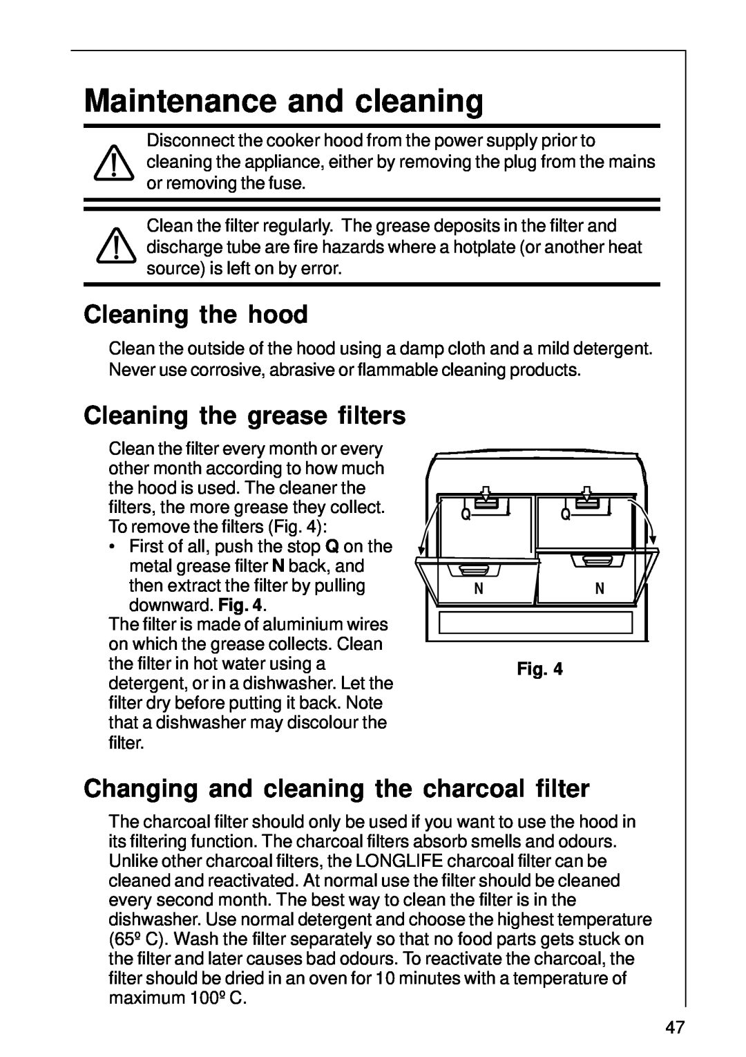 AEG 1400 D installation instructions Maintenance and cleaning, Cleaning the hood, Cleaning the grease filters 