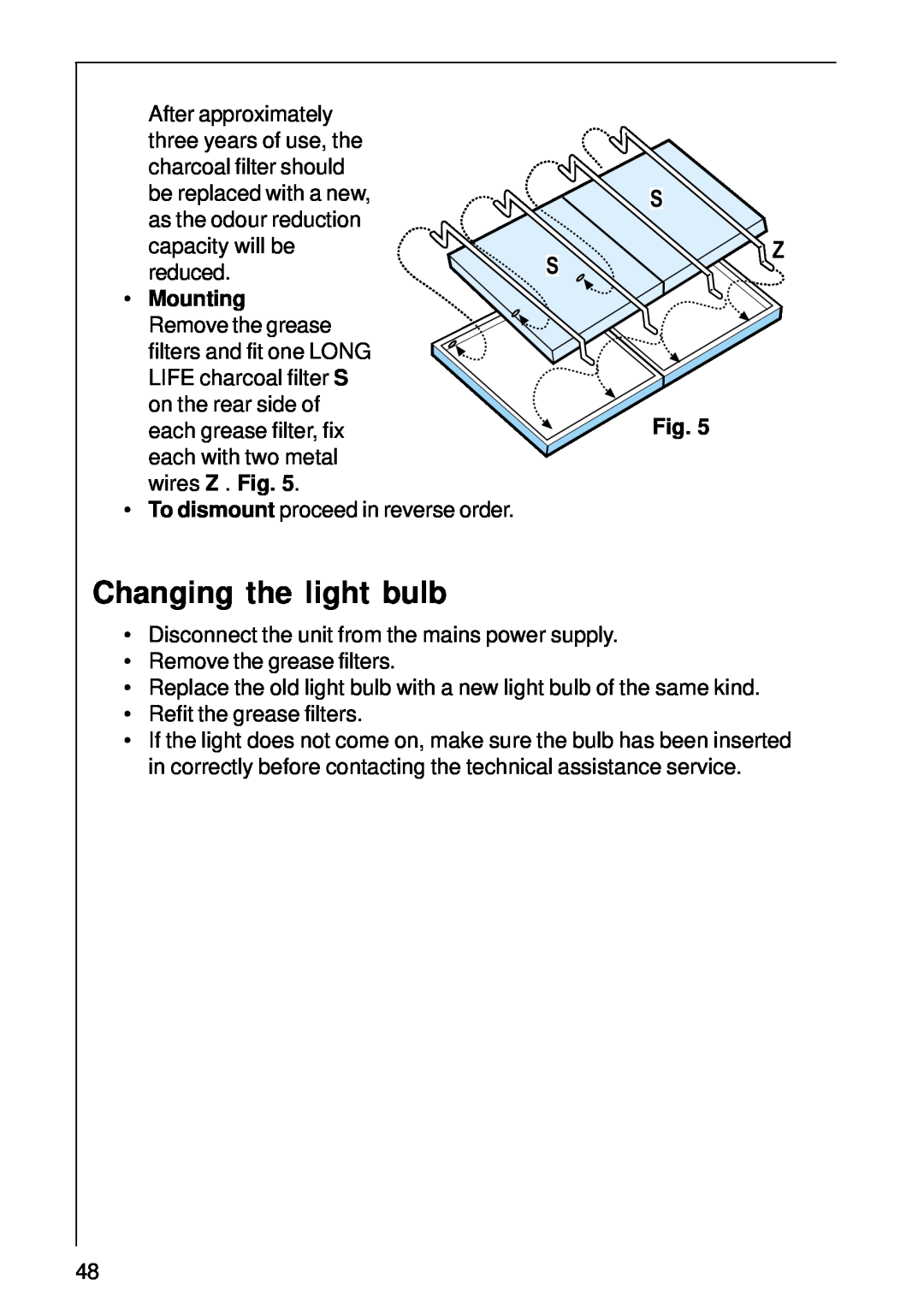 AEG 1400 D installation instructions Changing the light bulb, Mounting 